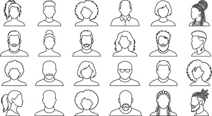 Diverse Avatar Outline Icon Collection with Men Women Hairstyles and Profile Portrait Line Art Set © Rofiqul
