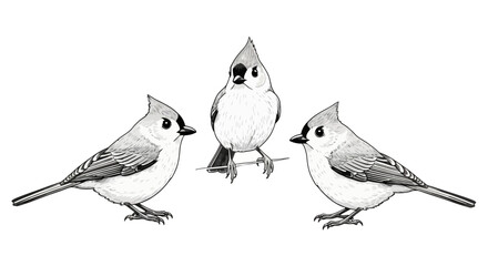 Black and White Illustration of Three Tufted Titmice Birds © Tobi