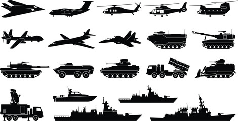 Military Vehicle Silhouette Collection Featuring Aircraft Helicopters Tanks Warships and Defense Transport Vector Set © Rofiqul
