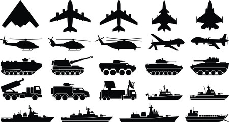 Military Vehicle Silhouette Collection Featuring Fighter Jets Helicopters Tanks Warships and Defense Equipment Vector Set © Rofiqul