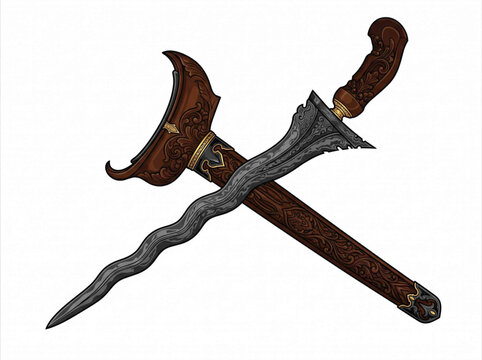 Traditional Indonesian Keris Dagger with Carved Wooden Sheath Vector Illustration