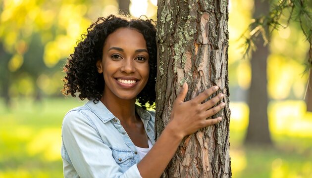 Woman hugging tree.