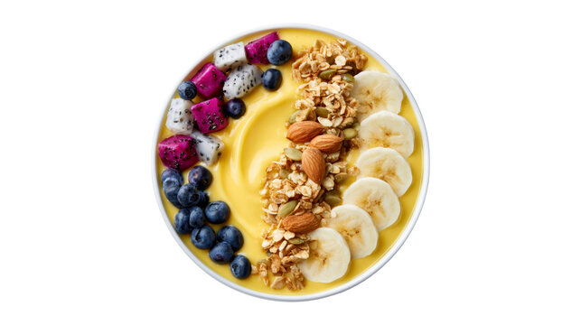 Smoothie bowl with fresh exotic tropical fruits and crunchy granola served in a bowl on transparent background