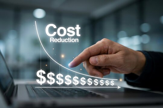 Businessman pointing at digital graph showing cost reduction and financial savings growth