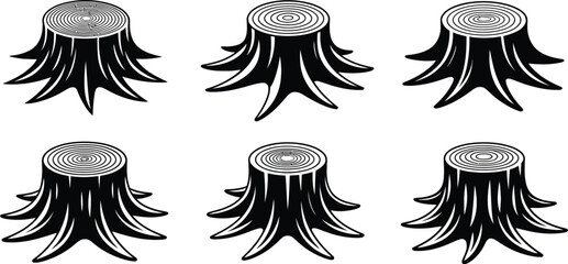 Tree stump, icon set, black silhouette wood cross sections, growth rings, forestry symbols, timber industry, nature elements, ecological design, isolated on white background. © Miah