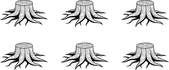 Tree stump, icon set, black silhouette wood cross sections, growth rings, forestry, timber, natural texture, ecology, isolated on white background. © Miah