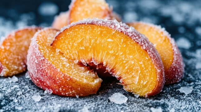 Close-up macro texture of orange frozen nectarine slices heavily coated in sparkling white ice crystals and winter frost grains on a dark backdrop.