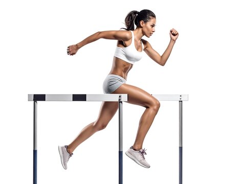 Woman hurdling with isolated.