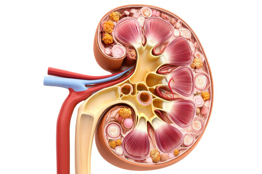 Detailed anatomy of the human kidney highlighting nephron structures isolated on transparent background. 3d illustration of human kidney anatomy with detailed internal structure on white background.