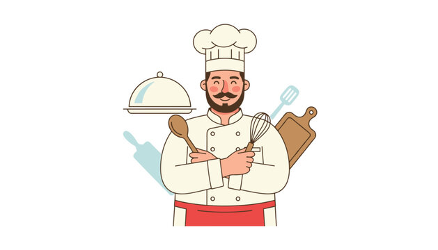 Friendly male chef with a mustache wears a tall white hat and apron while holding a kitchen spoon and whisk near a serving cloche.