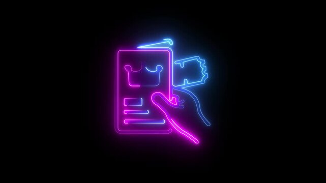 Hand holding royal event pass with tickets in orange neon style animation, Abstract Glowing Neon Airplane Ticket Icon animation on black background.