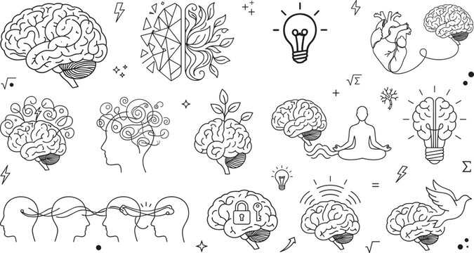 Psychology and brain function line art icons with mental health connection creativity and mindfulness vector sketches