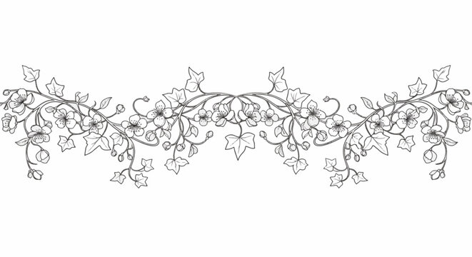 Horizontal continuous line art vine garland with ivy leaves and spring flowers isolated on white. Black and white floral border for coloring books, wedding invitations, and website headers.