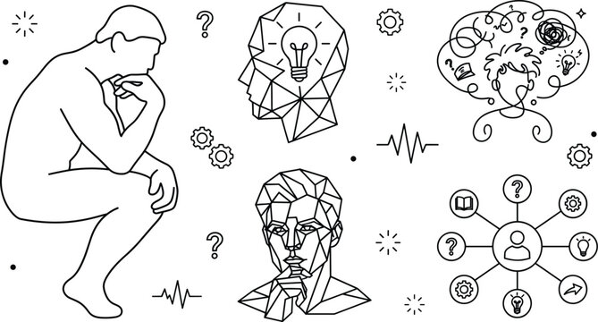 Philosophy and mental health line art icons with thinking man statue geometric psychology head and brainstorming vector sketches