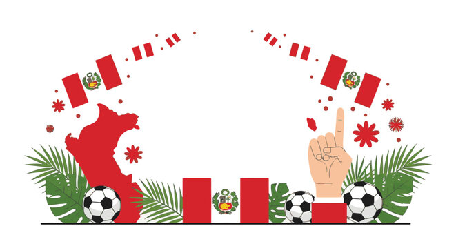 Flat vector illustration of Peru national symbols featuring the red and white flag, map silhouette, soccer balls, tropical palm leaves, and pointing finger on a white background.