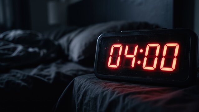 Digital alarm clock displaying four am in dark bedroom, insomnia and sleep disorder awareness banner with copy space