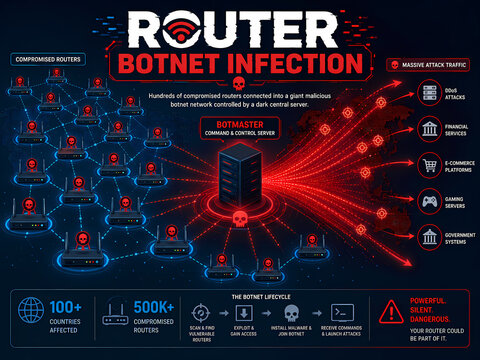 Infographic illustrating a router botnet infection, its control server, and attack targets.