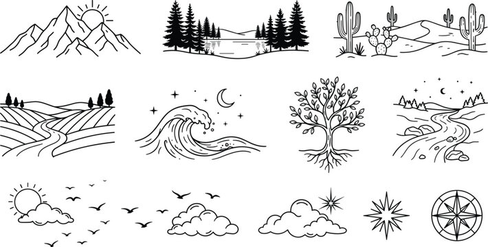 Nature landscape elements with mountain sunrise forest lake desert dunes ocean wave and tree of life vector line icons