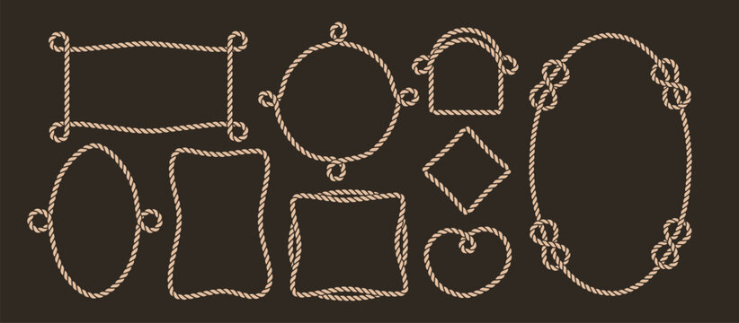 Western rope frame borders with nautical knots. Vintage cowboy and sailor design elements. Oval and square decorative frames for logos and badges. Vector illustration.