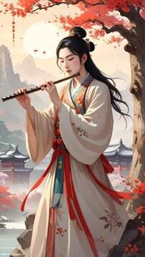Woman Plays Flute Outdoors.