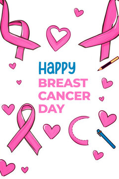 Breast Cancer Awareness Pink  Ribbon with Flowers and Wings, Modern Background
