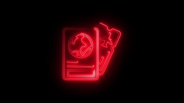 Glowing green neon passport and plane ticket icon animation on black background ,Kuwaiti passport for travelling, flying and doing business. Kuwait document, trip planning and vacation.