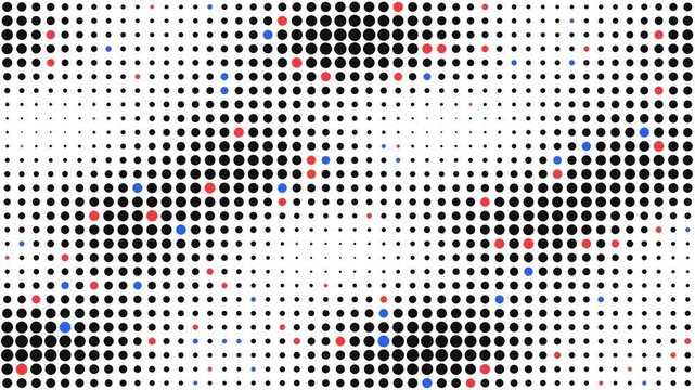 Abstract Halftone Dots Grid Motion Background, Minimalist Geometric Animation with Black Red and Blue Circles Changing Size on White Backdrop, Seamless Pop Art Polka Dot Pattern VJ Loop, 4K
