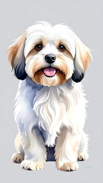 Fluffy Small Dog Sitting and Smiling on Gray Studio Background