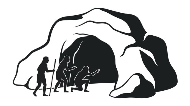 Black and white silhouette illustration of three prehistoric cavemen exploring a rock cave entrance, featuring one figure with a staff and others pointing into the dark interior.