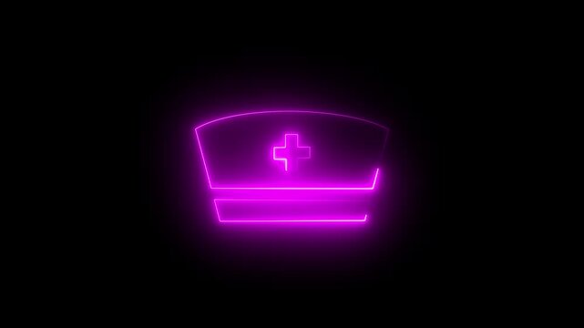 Neon nurse cap glowing blue outline medical symbol healthcare profession symbol abstract digital animation dark, black background. Medical nurse cap sign. 4K Video.