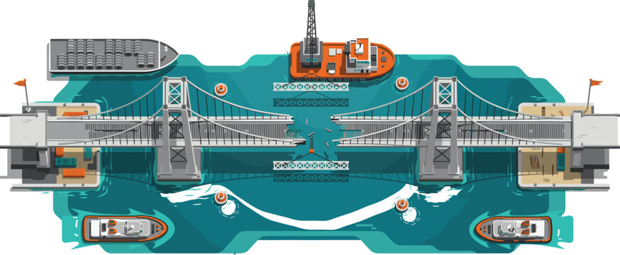 Industrial maritime sea port vector illustration with bascule drawbridge open for cargo ship tugboat transport vessels and infrastructure elements isolated on white background.