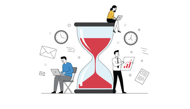Office workers handle business tasks and reports while a woman sits atop a large sand timer during their busy corporate day.