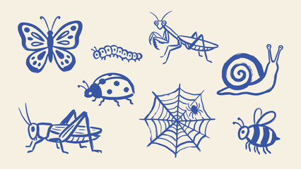 Hand drawn insect and bug collection with butterfly caterpillar mantis snail ladybug spider web grasshopper and bee vector illustration © Zyariss