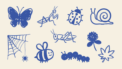 Hand drawn insect and nature doodle set with butterfly mantis ladybug snail spider bee caterpillar and leaves © Zyariss