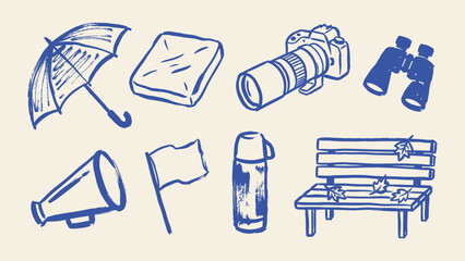 Hand drawn blue ink sketch icons of travel and leisure objects including camera binoculars and park bench © Zyariss