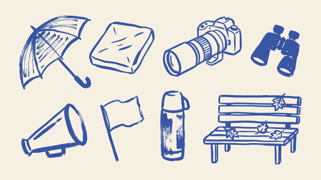 Hand drawn blue ink sketch icons of travel and leisure objects including camera binoculars and park bench
