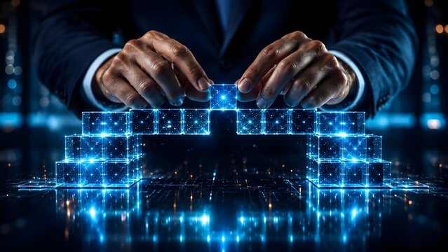 Specialized cybersecurity engineer constructing a solid glowing digital cube wall symbolizing impenetrable cyber defense secure firewall protection and futuristic enterprise data safety