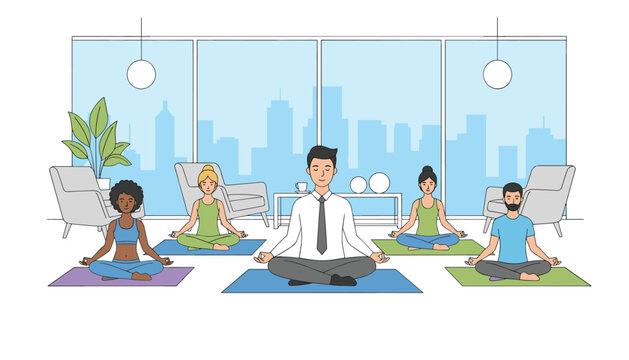 Diverse team practices meditation on mats inside an office room with large windows overlooking a city skyline for improved relaxation.