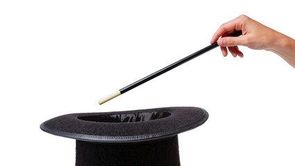 Human hand holding magic wand over black top hat, isolated on transparent background © vasili