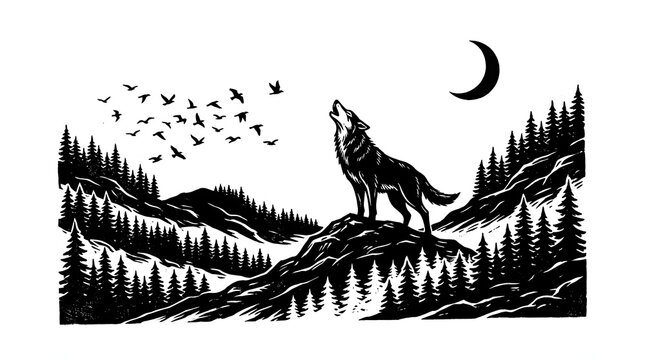Linocut wolf howling at moon over mountain forest landscape in black and white woodcut style