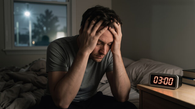 Caucasian man sitting on bed in bedroom at night holding head in hands feeling stressed with insomnia. Mental health awareness and sleep disorder treatment