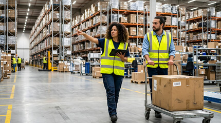 Obraz premium Female warehouse worker pointing and holding a tablet while male colleague pushes a manual trolley with a box through a large distribution center with high metal shelving units.