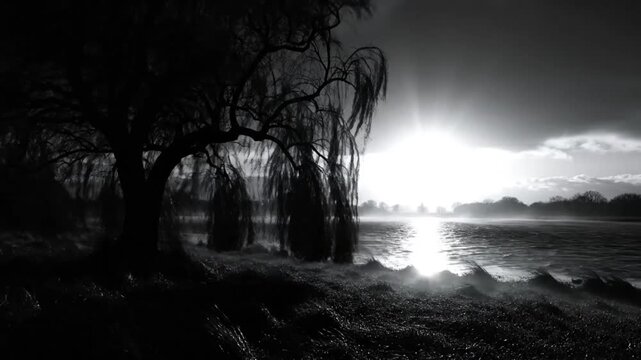 Black and White Serene River Landscape with a Weeping Willow Tree, Sun and Wind