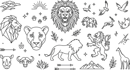 African safari lion line art icons with geometric wildlife heraldic crest and savanna animal vector sketches © PJ DeSign
