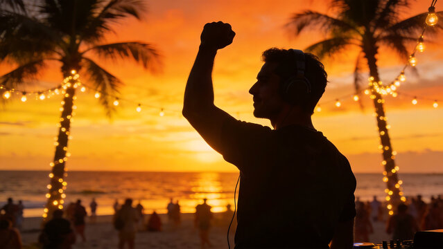 DJ at beach party during sunset