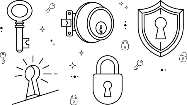 Home security line art icons with door knob lock padlock skeleton key and shield vector elements
