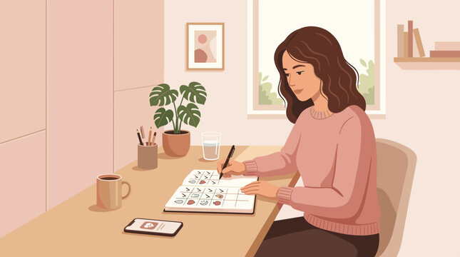 Mulher escrevendo em um di&aacute;rio com &iacute;cones e s&iacute;mbolos em uma mesa com caf&eacute; e planta
