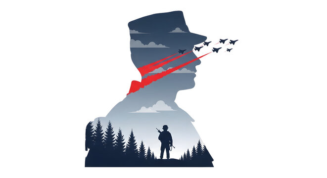 Soldier silhouette double exposure with pine forest and flying birds in a military hat design