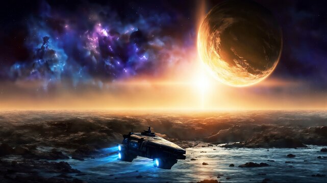 Sci Fi Spaceship Sailing On Alien Ocean