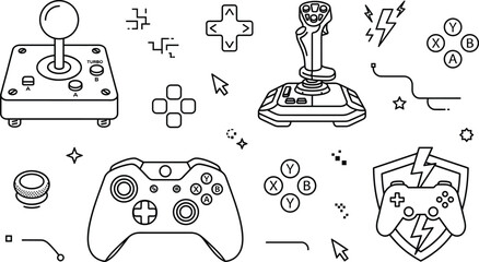 Video game controller line art icons with retro arcade joystick and esports shield vector elements © PJ DeSign